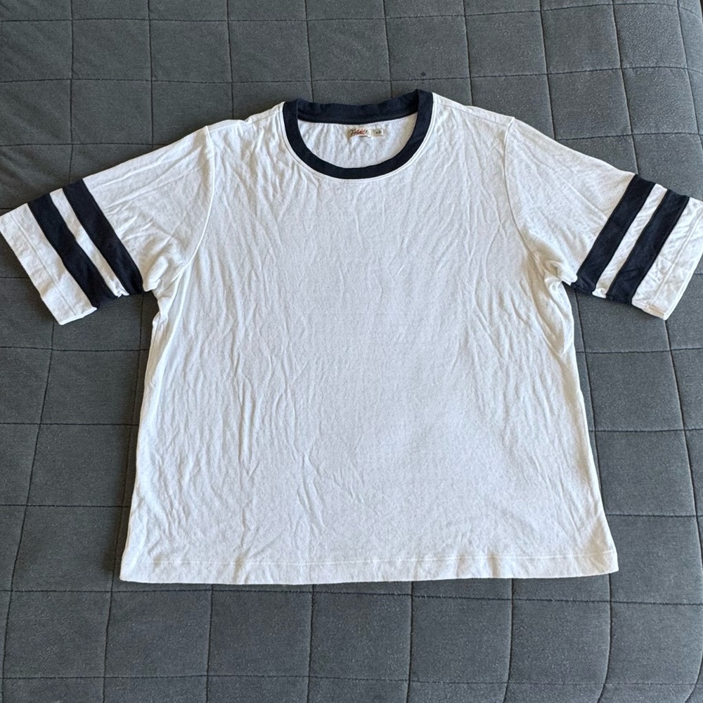 Faherty White Tee with Navy Trim and Sleeve Stripes